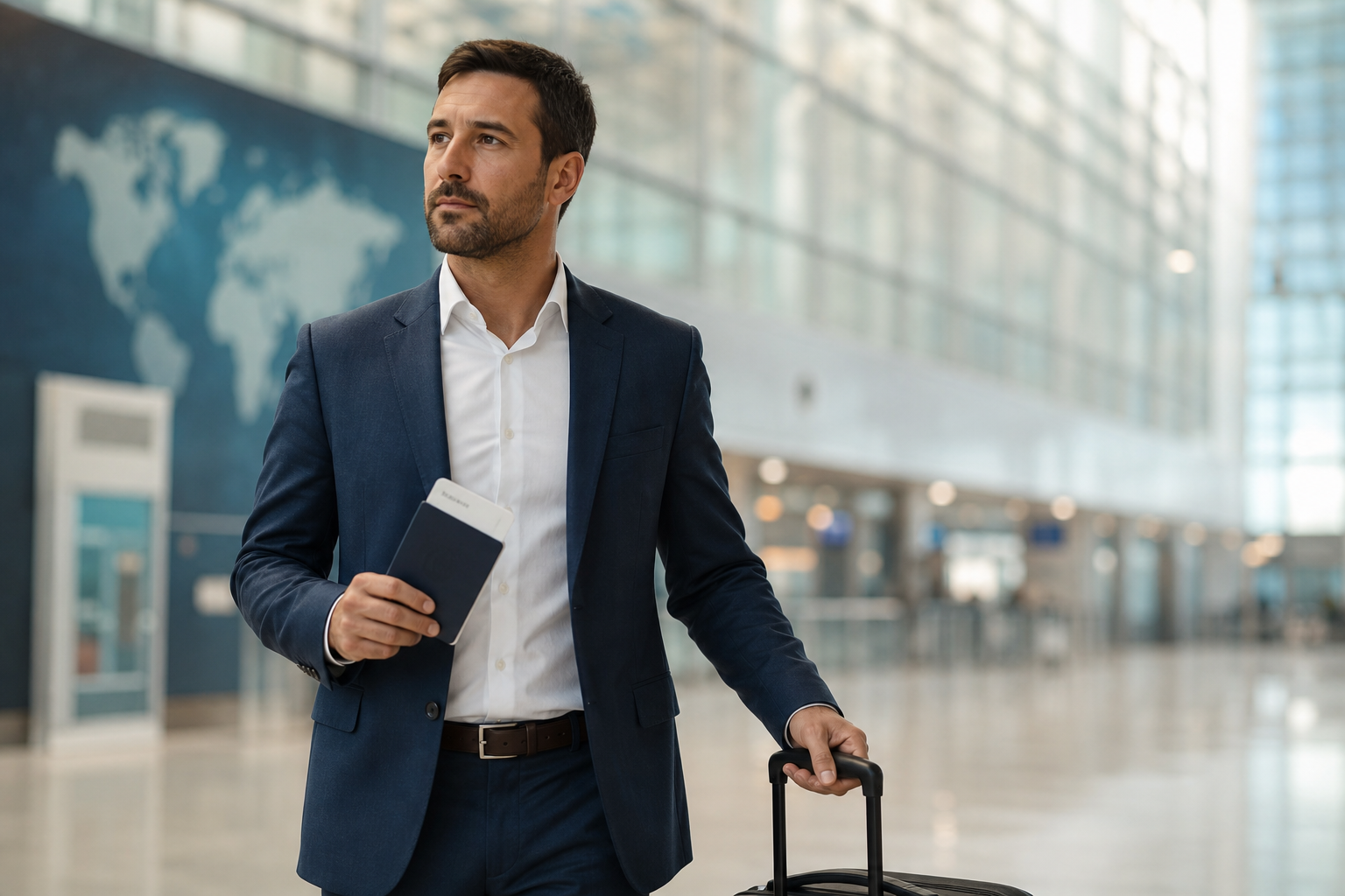 Business traveler walking through an airport terminal with carry-on luggage, illustrating international travel considerations for EB-5 investors.