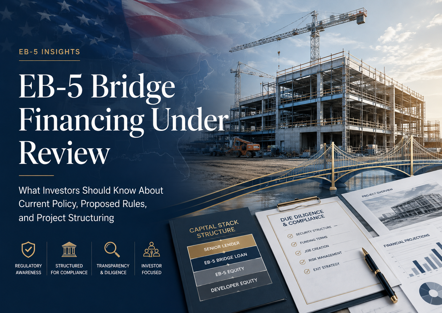 EB-5 bridge financing under review, featuring an active U.S. construction project, capital stack documents, and an investor due diligence checklist.