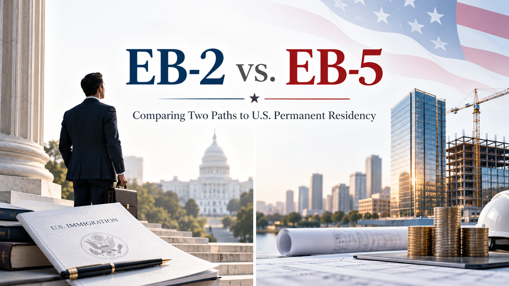 Hero image comparing EB-2 and EB-5 visa pathways, featuring a business professional, U.S. immigration documents, and the Capitol on the left, and construction plans, stacked coins, and a development site on the right, beneath the headline “EB-2 vs. EB-5: Comparing Two Paths to U.S. Permanent Residency.”