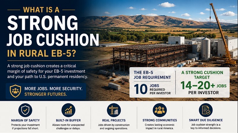 Infographic explaining what constitutes a strong job cushion in Rural EB-5 investing, featuring a large-scale rural construction project and highlighting the difference between the USCIS minimum requirement of 10 jobs per investor and a stronger target of 14–20+ jobs per investor. The graphic emphasizes job creation buffers, margin of safety, due diligence, construction-driven economic impact, and strategies for protecting an EB-5 investor’s path to permanent U.S. residency.