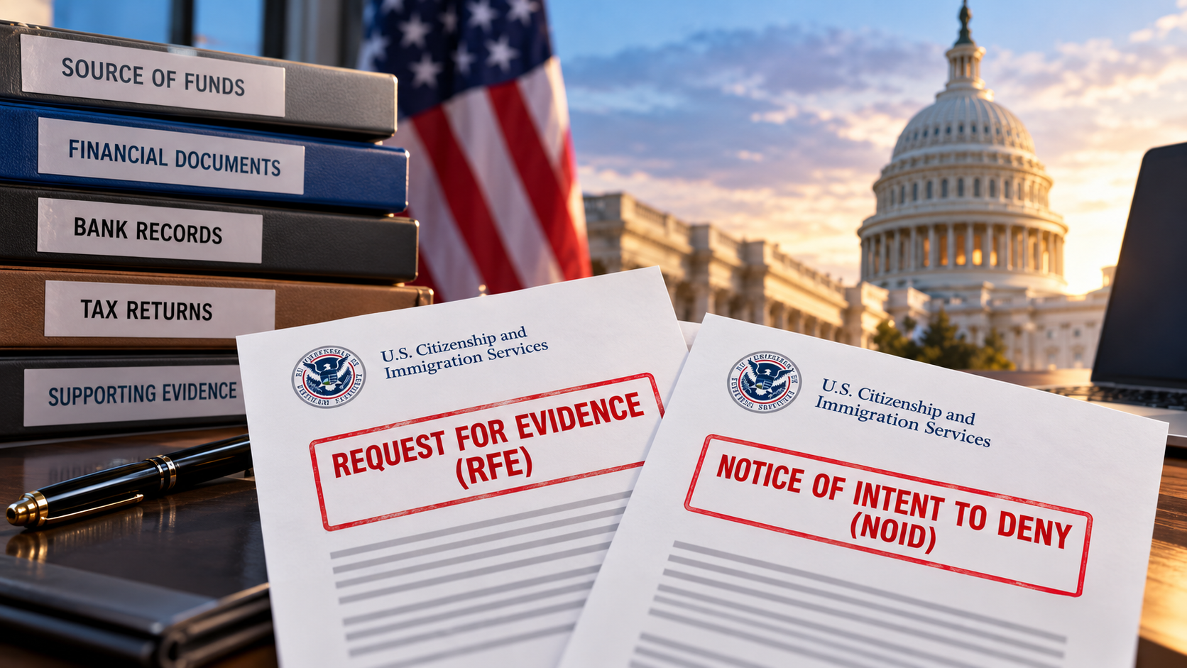 Professional EB-5 immigration-themed hero image showing USCIS Request for Evidence (RFE) and Notice of Intent to Deny (NOID) letters on a desk beside organized binders labeled source of funds, financial documents, bank records, tax returns, and supporting evidence, with a blurred American flag and U.S. Capitol in the background.