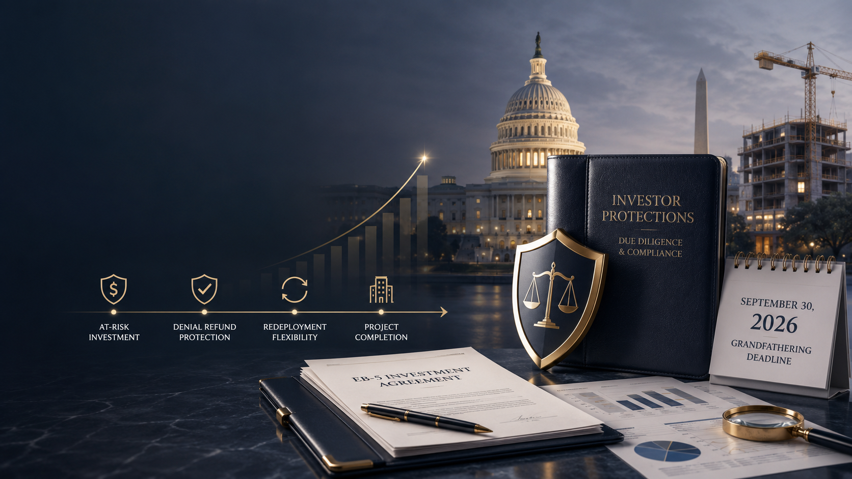 Hero image illustrating EB-5 investor protections with the U.S. Capitol, investment agreements, legal compliance documents, a construction project, and a shield symbolizing due diligence, at-risk investment requirements, denial refund protection, redeployment flexibility, project completion, and the September 30, 2026 EB-5 grandfathering deadline.