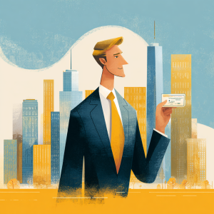 Illustration of an EB-5 investor holding an EAD card with a U.S. city skyline in the background.