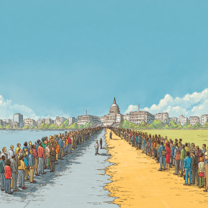 Illustration of EB-2 backlog versus EB-5 fast track, showing a crowded line and an open lane leading to the U.S. Capitol.