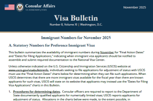 EB-5 visa bulletin chart showing stable priority dates for November 2025