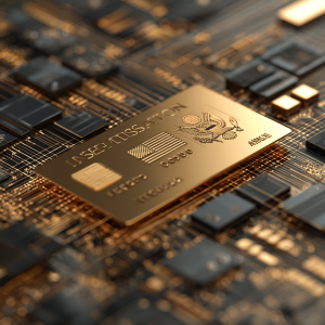 Concept illustration of the proposed U.S. Gold Card immigration program floating above government forms.