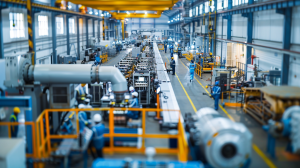 Illustration of a U.S. manufacturing shop with employees working on machinery, representing direct job creation for Direct EB-5 investors.