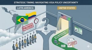 Infographic comparing the paused administrative queue for Latin American visas to the direct, statutory pathway of the EB-5 Immigrant Investor Program for U.S. Permanent Residency.