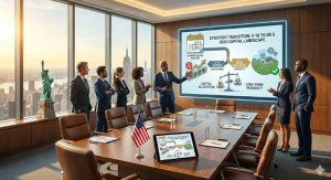 Business professionals reviewing an H1B to EB5 transition strategy presentation outlining rural EB5 priority processing, visa set-asides, capital allocation, and U.S. green card options for employment-based immigrants.