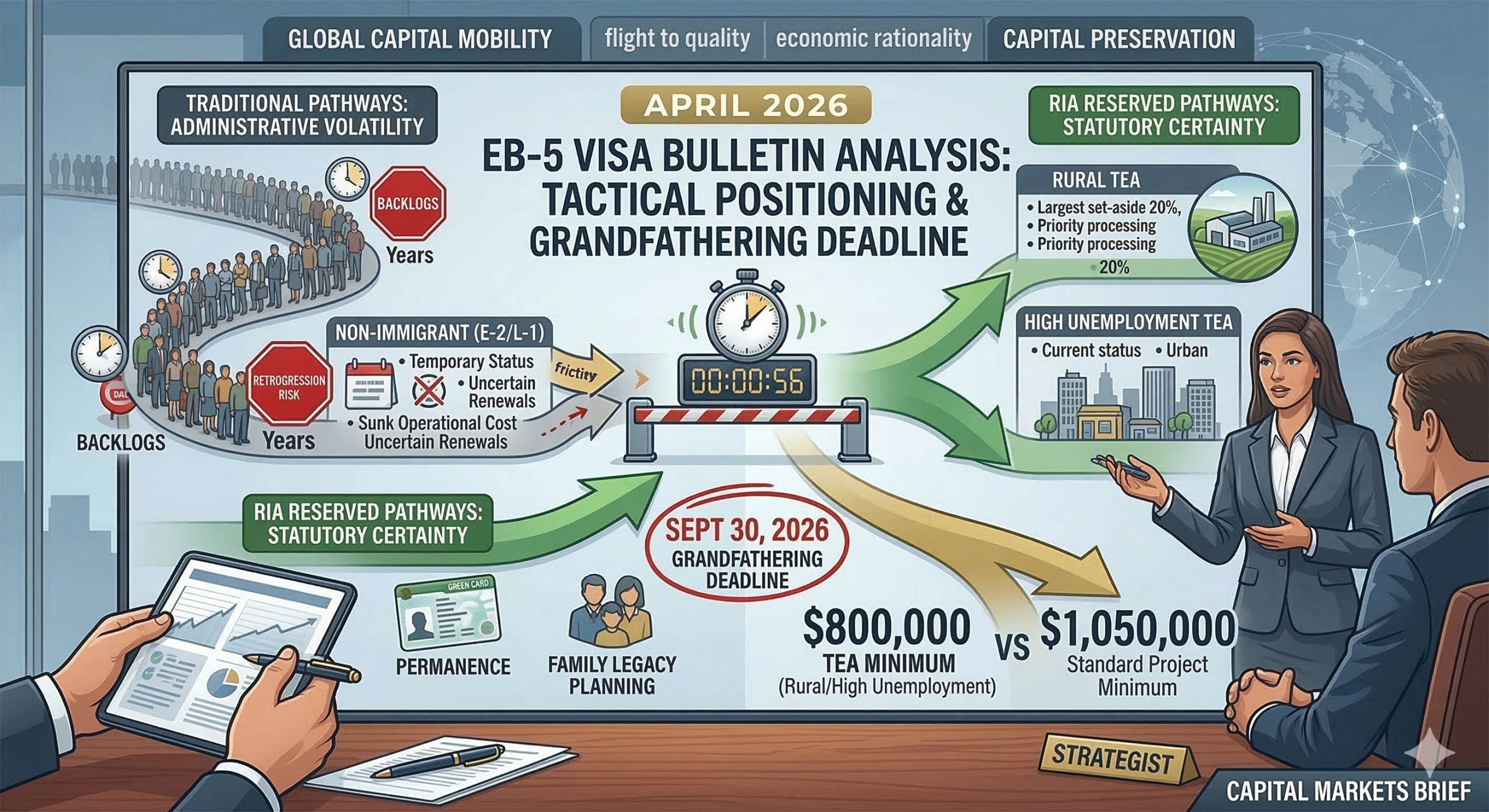 Infographic of the April 2026 EB-5 Visa Bulletin analysis comparing backlogged traditional visa pathways to the current Rural TEA and High Unemployment set-asides under the RIA grandfathering rule.