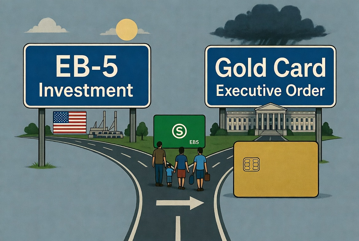 Comparison illustration of the EB-5 investor visa program and the proposed U.S. Gold Card immigration concept.