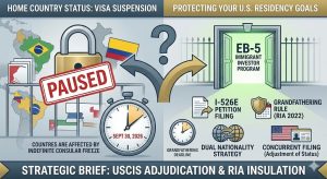 Infographic illustrating the strategic transition from suspended consular visa processing in countries like Brazil and Colombia to the protected EB-5 Immigrant Investor Program pathway.