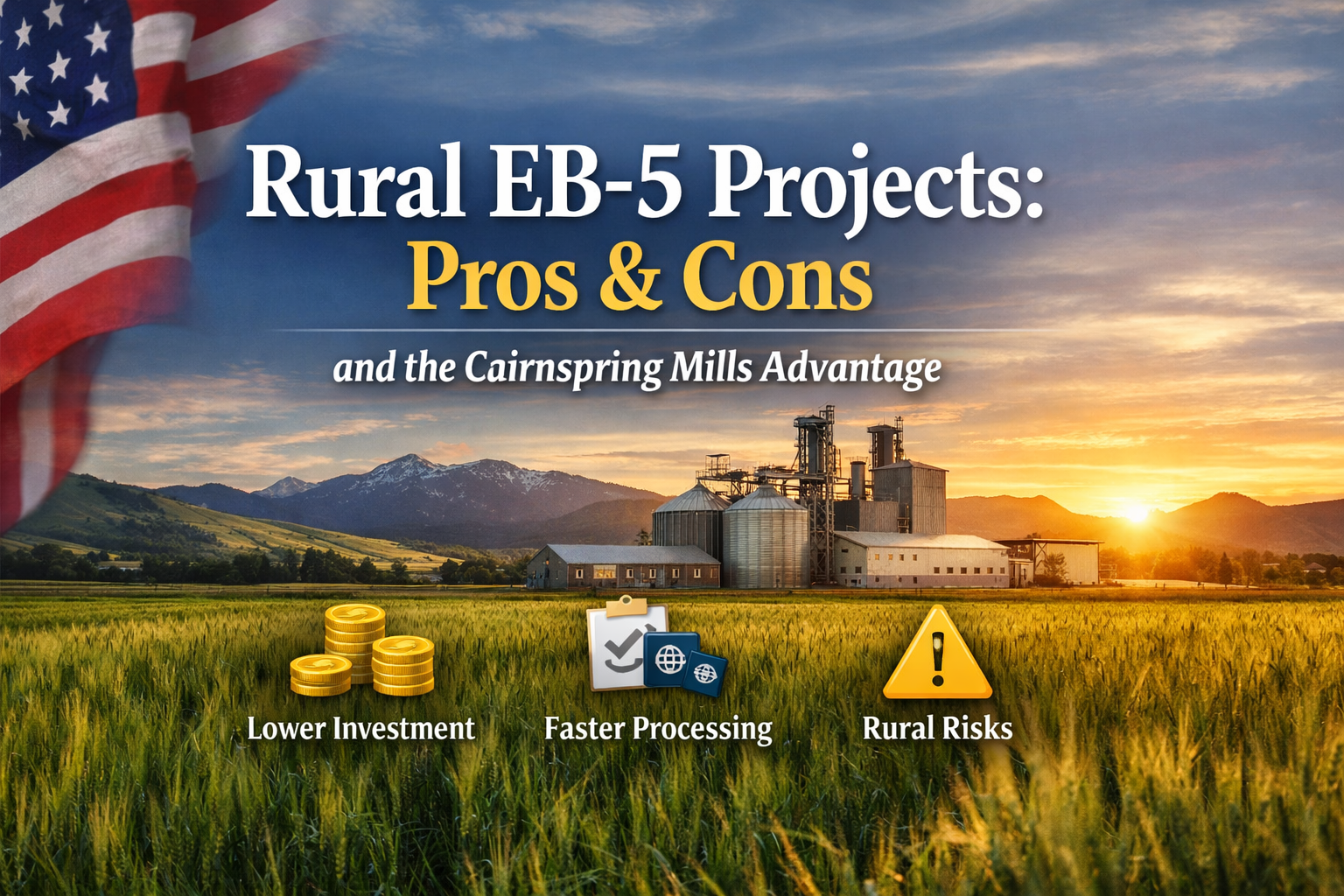 Rural EB-5 projects pros and cons with Cairnspring Mills manufacturing facility and farmland landscape in the United States
